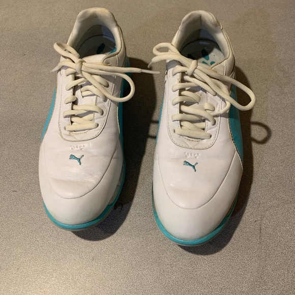 Puma White/Blue Leather Golf Shoes sz 8.5 - Picture 1 of 9